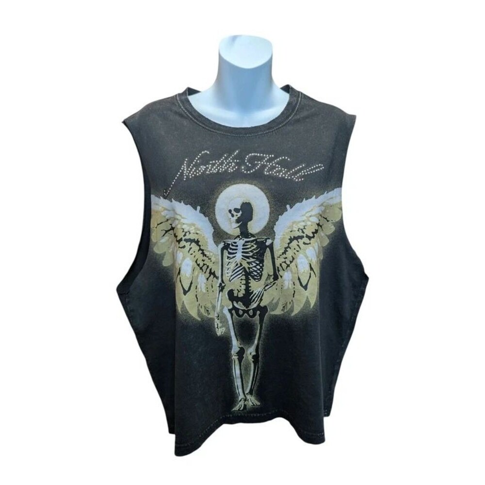 Ninth Hall muscle tee in black with skeleton angel and rhinestones